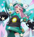  1girl alternate_costume aqua_hair bellibolt bow-shaped_hair character_hair_ornament doiparuni hair_ornament highres iono_(pokemon) long_hair low-tied_long_hair multicolored_hair pink_eyes pink_hair pokemon pokemon_(game) pokemon_sv sharp_teeth solo teeth twintails two-tone_hair very_long_hair 