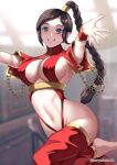  1girl artist_name avatar:_the_last_airbender avatar_(series) barefoot belly_dancing blurry blurry_background braid braided_ponytail breasts brown_hair chain cleavage clenched_teeth contrapposto covered_nipples dancer forehead gold_trim grey_eyes haryudanto highres hip_vent indoors knee_up large_breasts navel nipples no_bra outstretched_arms red_thighhighs revealing_clothes shadow shrug_(clothing) solo standing standing_on_one_leg teeth thighhighs ty_lee 