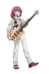  1girl absurdres bangs bass_guitar black_bow black_nails blunt_bangs bocchi_the_rock! bow braid closed_eyes full_body hair_bow hair_over_shoulder highres hiroi_kikuri holding holding_instrument instrument jacket long_hair long_sleeves neonfloyd open_mouth pants purple_hair red_footwear sharp_teeth shoes simple_background single_braid smile sneakers solo standing teeth white_background white_jacket white_pants 