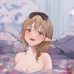  blue_archive breasts chinatsu_(blue_archive) chinatsu_(hot_spring)_(blue_archive) eru_daydream glasses hair_ribbon halo highres large_breasts light_brown_hair official_alternate_costume onsen pointy_ears ribbon yellow_eyes 