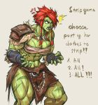  1509virgoart 1girl arm_wrap armor breasts chest_sarashi colored_skin female_orc green_skin highres leather_armor loincloth meme muscular muscular_female navel orc original pointy_ears red_hair sarashi scar scar_across_eye scar_on_face short_hair shoulder_armor solo tusks twitter_strip_game_(meme) white_eyes 