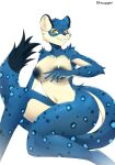  anthro big_breasts blue_body blue_fur breasts dots female fur hi_res moonfluffmf nipples pinup pose solo white_body white_fur wide_hips yellow_eyes 