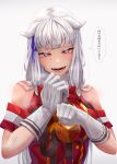  1girl amekudaki animal_ears bare_shoulders breasts crying crying_with_eyes_open dirty dirty_face gloves gold_ship_(umamusume) highres horse_ears horse_girl long_hair looking_at_viewer medium_breasts pink_eyes sharp_teeth smile solo tears teeth umamusume white_gloves white_hair 