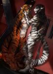  anthro bdsm_gear bethesda_softworks black_hair blonde_hair breasts butt cat_o&#039;_nine_tails digitigrade duo ear_piercing ear_ring eleacat felid female female/female fluffy fur genitals hair hi_res inner_ear_fluff khajiit looking_at_another mammal navel nipples orange_body orange_fur pantherine piercing pussy ring_piercing sex_dungeon standing striped_body striped_fur stripes the_elder_scrolls tiger tuft video_games whip whiskers white_body white_fur 