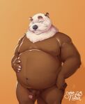  2022 anthro balls belly big_belly brown_body erection eyes_closed genitals hi_res lutrine male mammal moobs mustelid nipples overweight overweight_male penis rudderbutts skrawl solo 