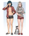  2girls abs animal bangs blue_eyes blue_hair breasts brushing_teeth byleth_(fire_emblem) byleth_(fire_emblem)_(female) cat edelgard_von_hresvelg fire_emblem fire_emblem:_three_houses highres large_breasts long_hair long_sleeves looking_at_viewer medium_hair multiple_girls navel open_clothes open_shirt purple_eyes radiostarkiller simple_background slippers smile thighs white_hair 