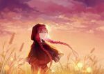  1girl bangs belt braid butterfly_ornament capelet cloud cloudy_sky fata_morgana_no_yakata field highres hood hood_up hooded_capelet light_smile long_braid long_hair looking_at_viewer morgana_(fata_morgana_no_yakata) orange_sky outdoors red_hair sky smile solo sunset twin_braids wheat wheat_field wind winniconan yellow_eyes 