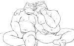  2022 anthro barely_visible_genitalia barely_visible_penis belly blush canid canine duo genitals humanoid_hands kemono male male/male mammal monochrome moobs nipples oogamikennta overweight overweight_male penis sitting 
