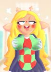  absurd_res ahegao anthro bedroom_eyes bingbingo_(artist) blonde_hair blue_eyes blush bodily_fluids bottomwear breast_expansion breast_grab breasts buckteeth cervid checkered_clothing clothed clothing deltarune disembodied_hand doe_with_antlers expansion female freckles grope hair hand_on_breast hi_res lactating leaking long_hair looking_pleasured mammal narrowed_eyes noelle_holiday open_mouth pattern_clothing red_nose seductive signature skirt solo teeth tongue tongue_out undertale_(series) video_games wet wet_clothing 