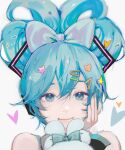  1girl blue_eyes blue_hair bow cinnamiku clivenzu closed_mouth hair_bow hair_ornament hairclip heart looking_at_viewer signature simple_background smile solo stuffed_animal stuffed_bunny stuffed_toy vocaloid white_background white_bow 