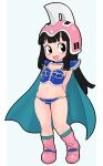  1girl armor bikini_armor black_eyes black_hair cape chi-chi_(dragon_ball) dragon_ball dragon_ball_(classic) female_child flat_chest full_body helmet highres long_hair navel open_mouth simple_background smile solo tsubasa_(godbardtsubasa) 