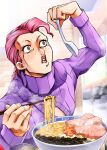  1boy bowl character_request chopsticks commentary commentary_request eating food highres holding holding_chopsticks indoors jojo_no_kimyou_na_bouken long_sleeves looking_at_object male_focus meat noodles ooranokohaku open_mouth pink_eyes pink_hair sitting solo teeth upper_teeth 