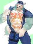  3:4 abs anthro asian_mythology bare_chest clothing east_asian_mythology foo_dog hi_res japanese_mythology komainu lifewonders male mammal muscular muscular_anthro muscular_male mythology oguchi_magami_(tas) pecs police_hat police_officer police_uniform salz_sop solo tattoo tokyo_afterschool_summoners undressing uniform video_games yokai 