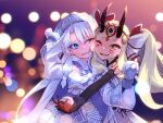  2girls ainu_clothes blonde_hair blue_eyes blue_headwear blurry blurry_background bokeh bow cape cheek-to-cheek depth_of_field facial_mark fate/grand_order fate_(series) fingernails forehead_mark fur_trim hair_bow heads_together horns ibaraki_douji_(fate) illyasviel_von_einzbern isagiyo long_hair mittens multiple_girls one_eye_closed oni oni_horns open_mouth sharp_fingernails sidelocks sitonai_(fate) sitonai_(third_ascension)_(fate) twintails upper_body white_hair white_mittens yellow_eyes 