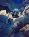  absurdres cloud cloudy_sky commentary commission dragon english_commentary fantasy fighting flying from_above highres mountain night no_humans original philipp_urlich river scenery second-party_source sky town 