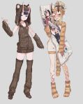  +_+ 2girls animal_hood animal_print arm_warmers bear_hood blush bob_cut body_markings dakimakura_(object) eyeliner facial_mark fate/grand_order fate_(series) fingernails forehead_mark full_body grey_background hair_up highres holding holding_pillow hood horns ibaraki_douji_(fate) isagiyo leg_warmers long_hair makeup multiple_girls oni oni_horns open_mouth pajamas paw_shoes pillow purple_eyes purple_hair sharp_fingernails short_eyebrows short_hair shuten_douji_(fate) sidelocks simple_background skin-covered_horns smile tail tiger_print tiger_tail wavy_mouth 