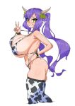  1girl animal_ears animal_print ass bangs bare_arms bare_shoulders bikini blush breasts cleavage commentary_request cow_ears cow_girl cow_horns cow_print cowboy_shot cropped_legs curvy from_side green_eyes hanging highres horns huge_breasts indie_virtual_youtuber laurel_crown long_hair looking_at_viewer looking_to_the_side makinakid micro_bikini monochrome purple_hair romolla sidelocks simple_background sketch skindentation smile solo standing swimsuit thick_thighs thighhighs thighs twintails underboob v virtual_youtuber white_background 