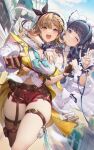  2girls :d ;) absurdres atelier_(series) atelier_ryza azur_lane bangs black_hair blue_hair blunt_bangs breasts brown_eyes brown_hair brown_thighhighs cheshire_(azur_lane) gloves gt-apex hat highres jacket large_breasts long_sleeves looking_at_viewer multiple_girls one_eye_closed open_clothes open_jacket partially_fingerless_gloves red_shorts reisalin_stout shirt short_shorts shorts single_thighhigh sleeves_past_wrists smile thigh_strap thighhighs white_shirt yellow_jacket 