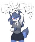  a78087653 anthro blue_body blue_fur blue_hair bottomwear clothing fan_character female fluffy fluffy_tail fur hair korean_text looking_at_viewer one_eye_closed red_eyes school_uniform simple_background skirt solo text uniform white_body white_fur wink 
