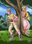  anthro behind_tree black_nose blonde_hair breasts cleavage clothed clothed/nude clothed_male clothed_male_nude_female clothing duo eyelashes female footwear grass gun hair hat headgear headwear hi_res hiding_breasts human hunter kangaroo kyo-domesticfucker macropod male male/female mammal marsupial mature_anthro mature_female nude nude_female paws plant ponytail pouch_(anatomy) ranged_weapon rifle shoes shrub sniper_rifle tree weapon 