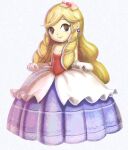  1girl bare_shoulders blonde_hair breasts closed_mouth dress earrings flower full_body gloves gonzarez hair_flower hair_ornament highres jewelry long_hair looking_at_viewer pointy_ears princess_styla simple_background smile solo the_legend_of_zelda:_tri_force_heroes white_background white_gloves 
