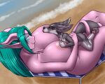  anthro beach big_breasts breasts canid canine female furball_(artist) green_hair hair huge_breasts humanoid humanoid_on_anthro larger_female mammal nipples seaside size_difference 