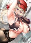  1girl :d absurdres alisa_ilinichina_amiella areola_slip arm_up armpits asymmetrical_gloves black_gloves black_pantyhose blue_eyes breasts cabbie_hat commentary_request cowboy_shot dutch_angle elbow_gloves fingerless_gloves gloves god_eater grey_hair hair_between_eyes hat highres indoors lace_trim large_breasts looking_at_viewer mia_(gute-nacht-07) no_bra open_mouth pantyhose smile solo spread_armpit steaming_body sweat tsurime uneven_gloves vest 