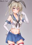  1girl alternate_costume anchor anchor_hair_ornament anti_(untea9) black_neckerchief black_panties blonde_hair blue_sailor_collar breasts cleavage cosplay cowboy_shot crop_top elbow_gloves embarrassed gloves gradient gradient_background graf_zeppelin_(kancolle) grey_background grey_eyes hair_between_eyes hair_ornament hairband highleg highleg_panties highres impossible_clothes kantai_collection large_breasts long_hair looking_at_viewer microskirt miniskirt navel neckerchief panties sailor_collar school_uniform serafuku shimakaze_(kancolle) shimakaze_(kancolle)_(cosplay) sidelocks skirt solo striped striped_thighhighs sweatdrop thighhighs twintails twitter_username underwear white_gloves 