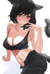  1girl animal_ears arm_support avatar_(ff14) bangs black_hair black_pants blush breasts cat_ears cat_tail cleavage cowboy_shot cyobiro final_fantasy final_fantasy_xiv hand_on_own_cheek hand_on_own_face highres looking_at_viewer medium_breasts midriff miqo&#039;te navel pants reclining red_eyes short_hair smile solo sports_bra sweatdrop tail 