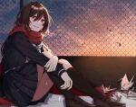 1girl bangs black_sailor_collar black_serafuku black_skirt black_socks blue_sky brown_footwear brown_hair chain-link_fence commentary cracked_wall dusk english_commentary fence from_side hair_between_eyes hair_ornament hairclip hand_on_own_arm hand_on_own_leg kagerou_project long_hair long_sleeves looking_to_the_side mekakucity_actors merukurii mixed-language_commentary multicolored_sky neckerchief open_mouth origami outdoors paper paper_crane pleated_skirt purple_sky red_eyes red_scarf sailor_collar scarf school_uniform serafuku shiny shiny_hair sitting skirt sky sleeve_cuffs socks solo tateyama_ayano white_neckerchief yellow_sky 