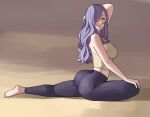  1girl ass babusgames bangs barefoot breasts camilla_(fire_emblem) feet fire_emblem fire_emblem_fates flexible full_body hair_over_one_eye large_breasts long_hair looking_at_viewer on_ground pants pigeon_pose purple_eyes purple_hair solo split stretching thighs wavy_hair yoga 