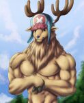  2021 abs absurd_res anthro antlers barazoku biceps big_muscles black_eyes blue_nose brown_antlers capreoline cervid chibikoma clothed clothing cloven_hooves digital_drawing_(artwork) digital_media_(artwork) ears_down fur furgonomics genital_outline half-length_portrait hat headgear headwear hi_res hooves horn male mammal muscular muscular_anthro muscular_male neck_tuft one_piece pecs pivoted_ears portrait reindeer solo tan_body tan_fur tony_tony_chopper topless topless_anthro topless_male tuft 