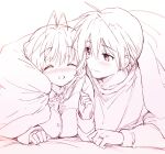  1boy 1girl akina_tsukako antenna_hair bangs blanket blush clannad closed_eyes collared_shirt furukawa_nagisa hair_between_eyes happy long_sleeves okazaki_tomoya open_mouth pajamas shared_blanket shirt short_hair smile tagme 