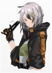  1girl absurdres artist_name bangs black_gloves black_jacket brown_eyes candy closed_mouth commentary croque_(girls&#039;_frontline_nc) food girls&#039;_frontline girls&#039;_frontline_neural_cloud gloves grey_hair hair_ornament hairpin highres holding holding_instrument instrument jacket lollipop looking_at_viewer medium_hair mouth_hold one_eye_closed open_clothes open_jacket shirt solo sutekina_awa upper_body white_background white_shirt 