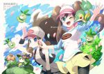  2girls ;d arm_up bangs baseball_cap black_pantyhose black_vest blue_eyes bow bright_pupils brown_hair closed_mouth commentary_request double_bun doughnut_hair_bun eyelashes falling_petals green_eyes hair_bun hat high_ponytail hilda_(pokemon) legwear_under_shorts lilligant long_hair multiple_girls one_eye_closed open_mouth pantyhose petals petilil pink_bow pokemon pokemon_(game) pokemon_bw pokemon_bw2 pokemon_on_arm raglan_sleeves rosa_(pokemon) shirt shorts sidelocks sleeveless sleeveless_shirt smile snivy tongue vest visor_cap watermark white_pupils wristband yamanashi_taiki yellow_shorts 