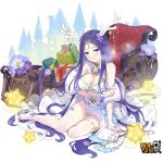  1girl bare_shoulders benghuai_xueyuan blue_eyes blue_hair blush breasts cleavage dress gift honkai_(series) horns jyahnar_(benghuai_xueyuan) long_hair looking_at_viewer lying medium_breasts official_art on_side smile 