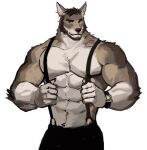  anthro beard black_nose brown_hair canid canine canis clock coyote dopq echo_(series) echo_project facial_hair hair hi_res male mammal muscular muscular_male scar shirtless shirtless_male simple_background solo suspenders the_smoke_room video_games visual_novel watch white_background william_adler wristwatch 