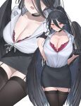  1girl alternate_costume black_choker black_garter_straps black_gloves black_hair black_skirt black_thighhighs blue_archive blush bra breasts choker cleavage closed_mouth collarbone collared_shirt commentary_request gloves hair_between_eyes hasumi_(blue_archive) highres holding large_breasts long_hair looking_at_viewer low_wings multiple_views open_mouth ponytail purple_bra shirt shirt_tucked_in shougun_(chuckni1) skirt thighhighs thighs underwear white_background white_shirt wings 