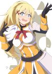  absurdres armor armored_dress bangs black_bodysuit blonde_hair blue-eyes_white_dragon blue_eyes blush bodysuit boobplate bow bowtie braid breastplate breasts brown_background commentary crown_braid darkness_(konosuba) dress drooling hair_between_eyes hair_ornament highres inora kono_subarashii_sekai_ni_shukufuku_wo! large_breasts long_hair looking_at_viewer mask no_pupils nose_blush open_mouth outside_border pauldrons ponytail red_bow red_bowtie red_ribbon ribbon shoulder_armor sidelocks star_(symbol) turtleneck vanir very_long_hair w_arms white_armor wide-eyed x_hair_ornament yellow_dress 