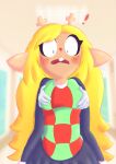  absurd_res anthro bingbingo_(artist) blonde_hair blue_eyes blush bottomwear breast_grab breasts buckteeth cervid checkered_clothing clothed clothing constricted_pupils deltarune disembodied_hand doe_with_antlers exclamation_point female freckles grope hair hand_on_breast hi_res long_hair mammal noelle_holiday open_mouth pattern_clothing pupils red_nose signature skirt small_pupils solo surprised_expression teeth undertale_(series) video_games wide_eyed 