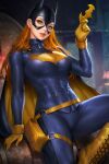  1girl barbara_gordon batarang batgirl batman_(series) belt bodysuit breasts cape dc_comics domino_mask gloves green_eyes highres holding long_hair mask neoartcore orange_hair pouch solo superhero yellow_gloves 