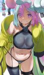  2girls bare_shoulders bow-shaped_hair breasts character_hair_ornament clenched_teeth gloria_(pokemon) hair_ornament hews highres iono_(pokemon) long_hair looking_at_viewer medium_breasts midriff multiple_girls navel panties pokemon pokemon_(game) pokemon_sv pokemon_swsh sharp_teeth short_hair single_thighhigh sleeves_past_fingers sleeves_past_wrists smile solo_focus standing star-shaped_pupils star_(symbol) symbol-shaped_pupils teeth thighhighs underwear 