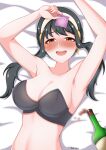  1girl ahoge alcohol armpits black_hair blush bottle breasts condom drunk earrings headband highres holding holding_condom jewelry kan_(afterrain1412) large_breasts long_hair lying midriff nose_blush on_back open_mouth red_eyes single_earring smile solo spy_x_family stomach thai_commentary underwear upper_body wine_bottle yor_briar 