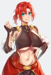  1girl alternate_costume boudica_(fate) breasts fate/grand_order fate_(series) green_eyes highres large_breasts navel red_hair sakazuki_sudama simple_background solo stomach underboob white_background 