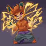  1:1 anthro arcanevector baggy_pants blue_bottomwear blue_clothing blue_pants bottomwear clothing electricity fur generation_9_pokemon hi_res male nintendo orange_body orange_fur pants pawmi pawpads pokemon pokemon_(species) purple_belt purple_eyes smile smiling_at_viewer solo teal_pawpads video_games 