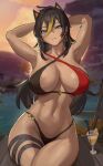  1girl absurdres animal_ears armpits arms_up bangs black_hair blue_eyes blurry blurry_background breasts brown_hair cleavage closed_mouth commentary crossed_bangs dehya_(genshin_impact) drink earrings english_commentary genshin_impact gradient_hair hair_between_eyes highres jewelry large_breasts long_hair looking_at_viewer multicolored_hair navel shikube sitting smile solo thigh_strap thighs 
