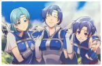  3girls ^_^ aduti_momoyama arm_guards armor belt belt_buckle blue_armor blue_cape blue_gloves blue_hair blue_sky border brown_belt buckle cape closed_eyes closed_mouth cloud day fingerless_gloves fire_emblem fire_emblem:_the_binding_blade gloves grin hair_intakes hands_up high_collar highres holding_hands interlocked_fingers juno_(fire_emblem) light_blue_hair long_hair mountain multiple_girls outstretched_arm pauldrons pegasus_knight_uniform_(fire_emblem) ponytail shanna_(fire_emblem) short_hair shoulder_armor siblings sisters sky smile thea_(fire_emblem) v white_border white_gloves 