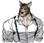  anthro beard black_nose brown_hair canid canine canis clothed clothing coyote dopq dress_shirt echo_(series) echo_project facial_hair hair hi_res male mammal muscular muscular_male scar shirt simple_background solo suspenders the_smoke_room tight_clothing topwear video_games visual_novel white_background william_adler 