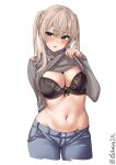  1girl black_bra blonde_hair blue_eyes blush bra breasts cleavage clothes_lift cowboy_shot denim ebifurya graf_zeppelin_(kancolle) highres jeans kantai_collection large_breasts lifted_by_self midriff navel one-hour_drawing_challenge pants ribbed_sweater stomach sweater sweater_lift turtleneck turtleneck_sweater twitter_username underwear white_background 