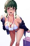  1girl absurdres anosillus_ii bent_over bikini blush breasts cleavage earrings eyebrows_hidden_by_hair fang glasses green_hair gridman_universe highres jacket jewelry lanyard large_breasts looking_at_viewer luggage off_shoulder open_clothes open_jacket open_mouth orange_eyes sakamoto_(ojiojiojisanda) short_hair sidelocks simple_background solo ssss.dynazenon swimsuit white_background white_bikini 